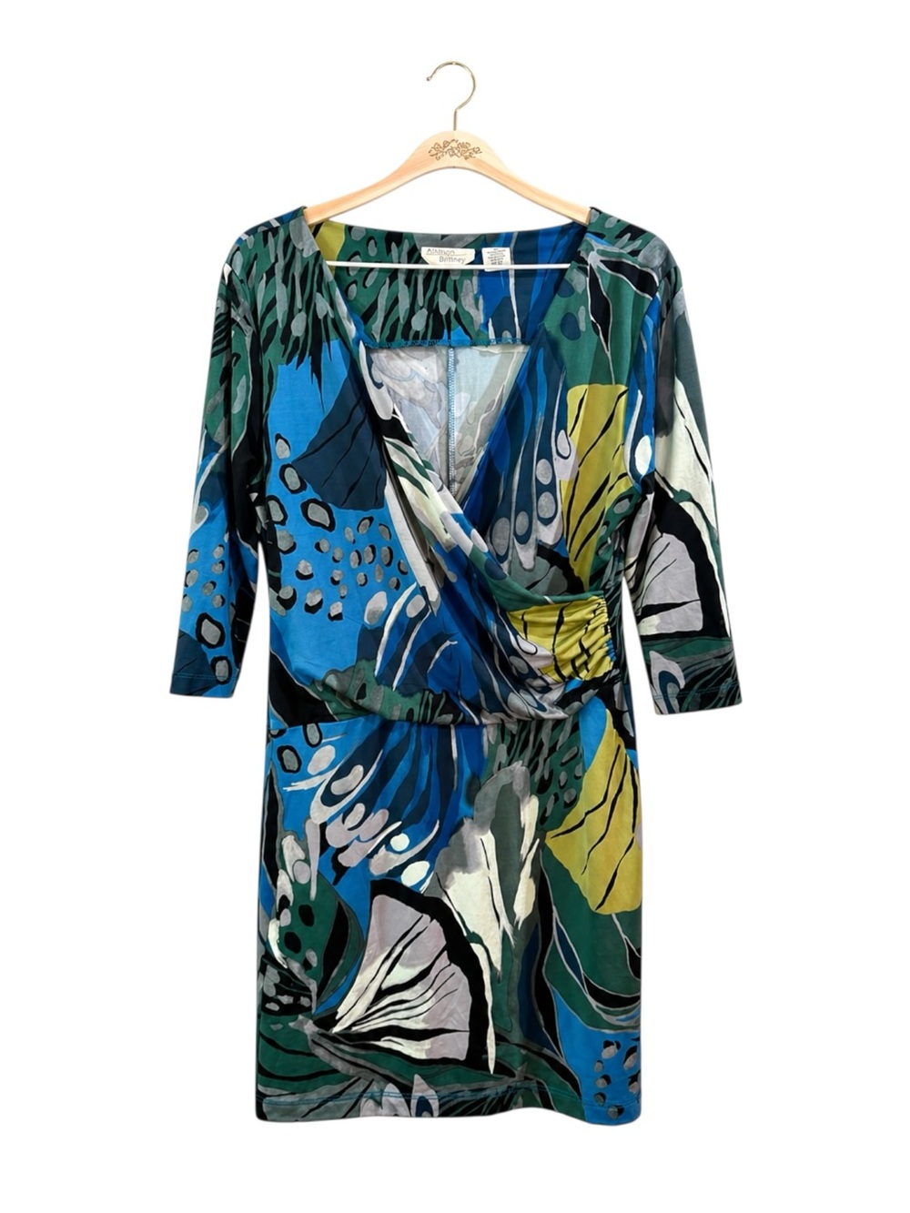 Allison Brittney Abstract Print Faux Wrap Dress Blue Green XL Stretch Career